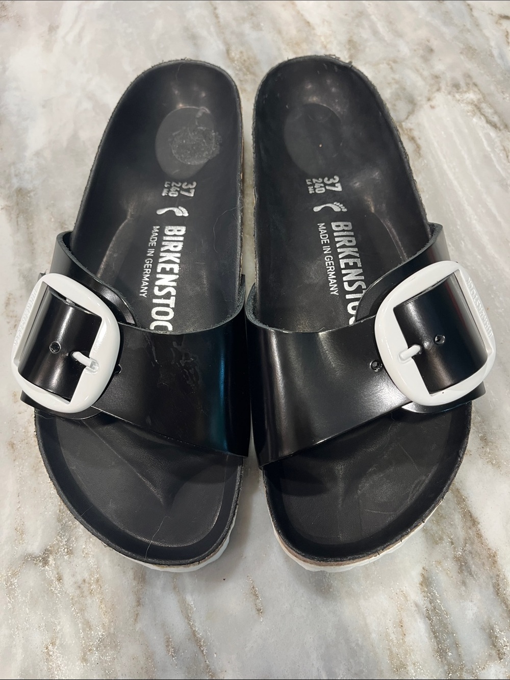 Birkenstock Black Sandals with White Buckles Size 37